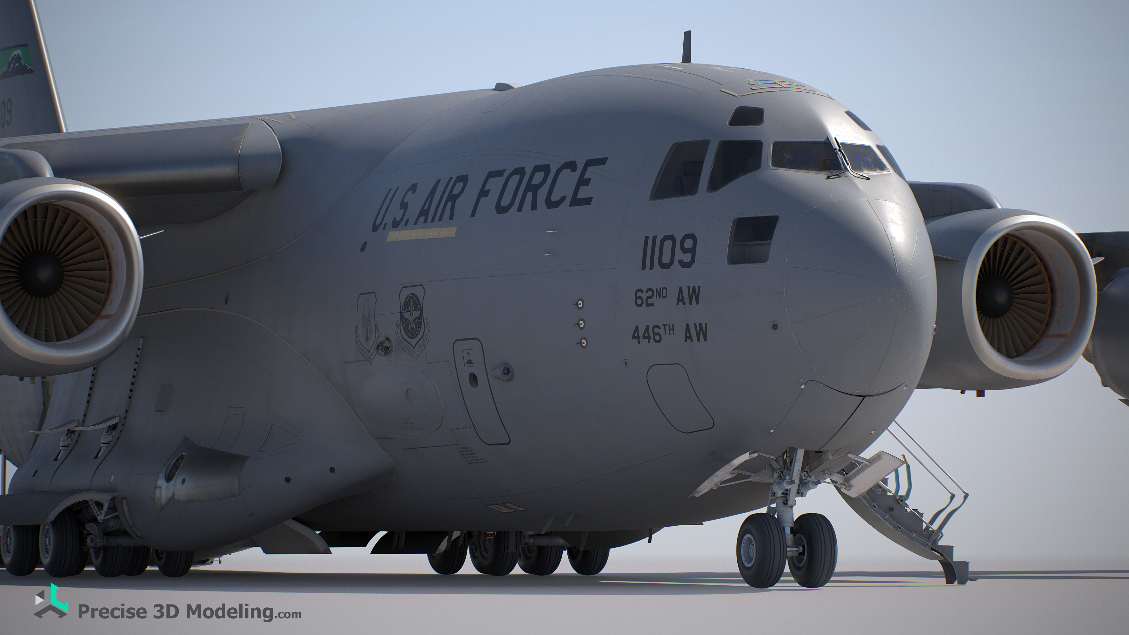 Boeing C-17 Globemaster III 3D model - nose landing gear and engine close-up