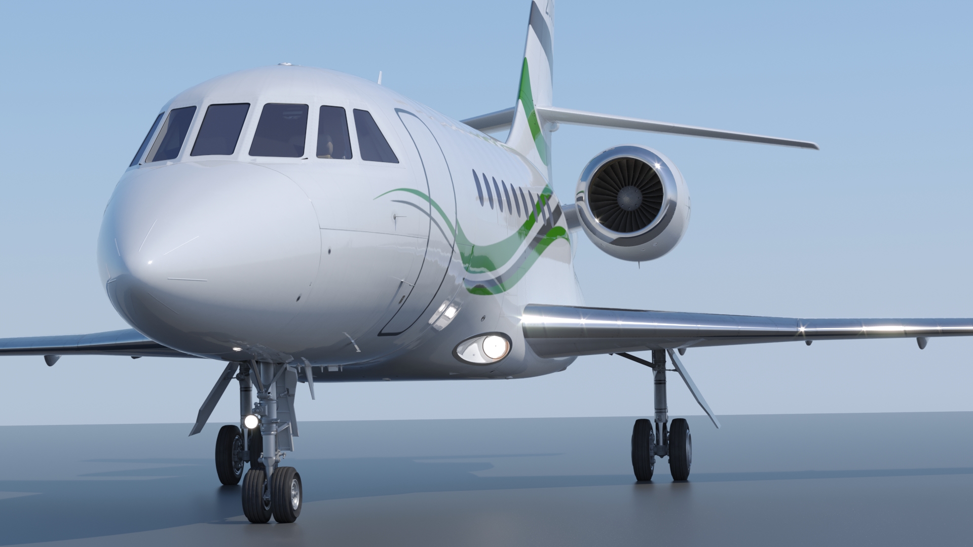 Dassault Falcon 2000 3D model render - front view, nose gear