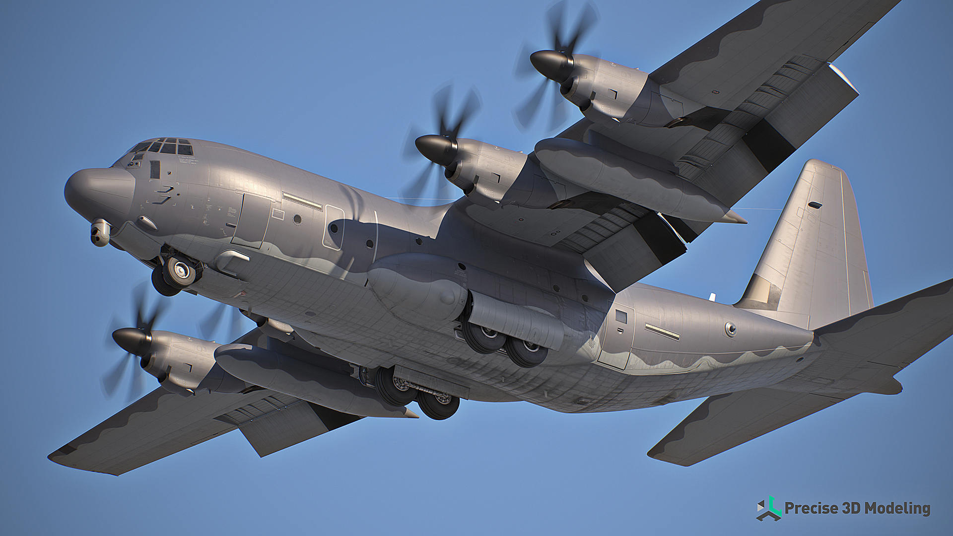 Lockheed Martin C-130J Super Hercules 3D model render - landing, bottom left side view, landing gear, optical MX-25 turret