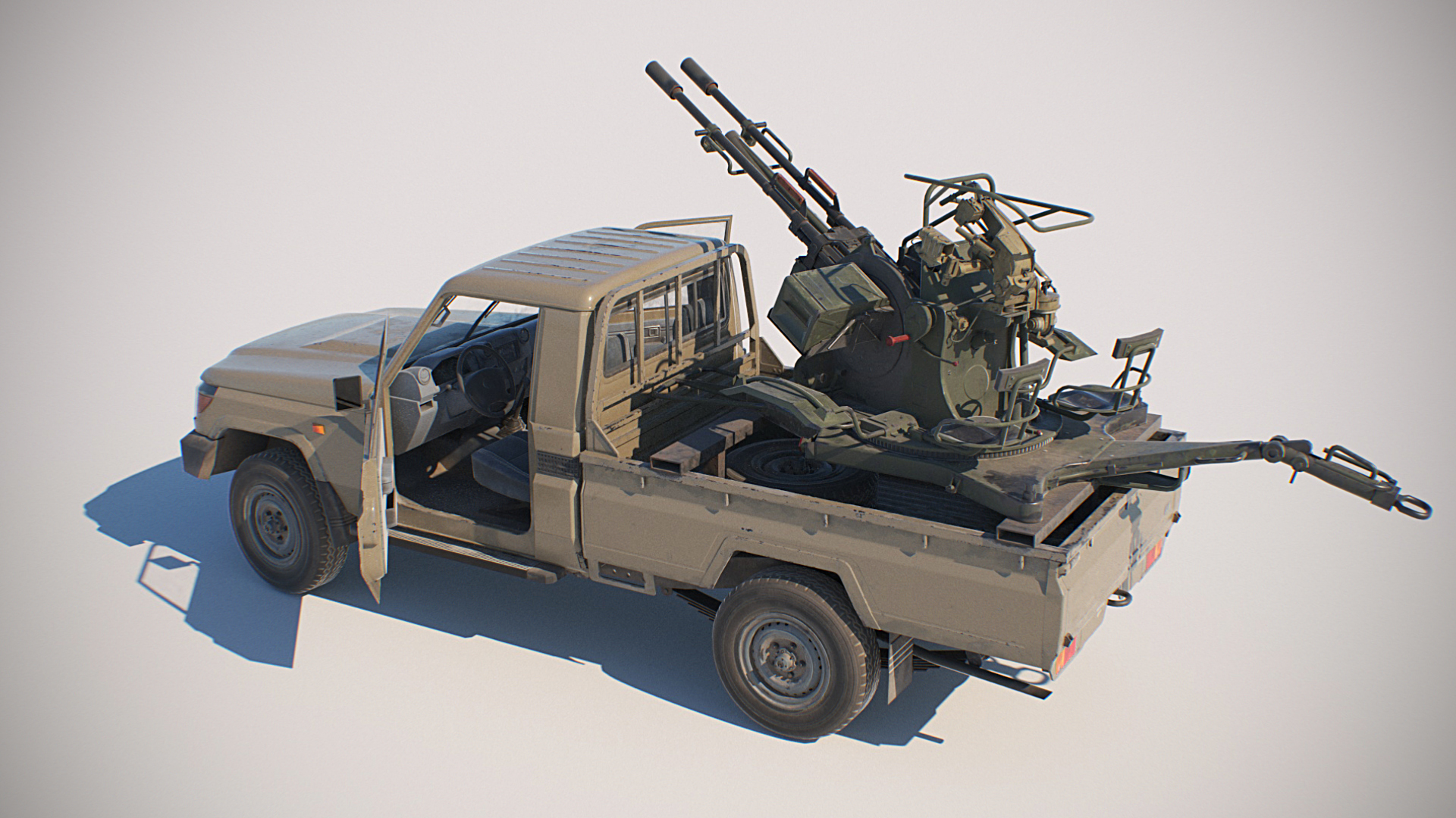 Militant Toyota Truck armed with ZU-23 with Destroyed model 3D model render, gallery image 1 of 15
